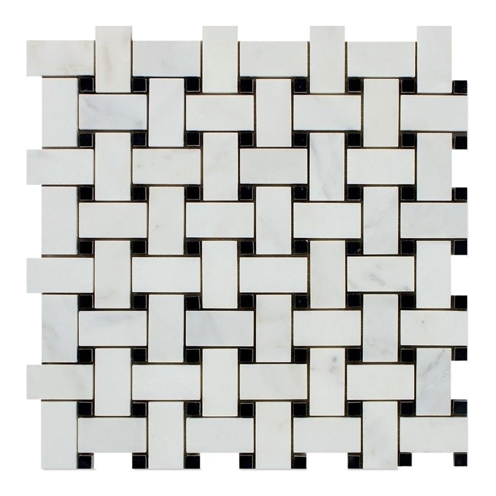 Oriental White Marble Mosaic - Basket Weave with Black Dots Polished