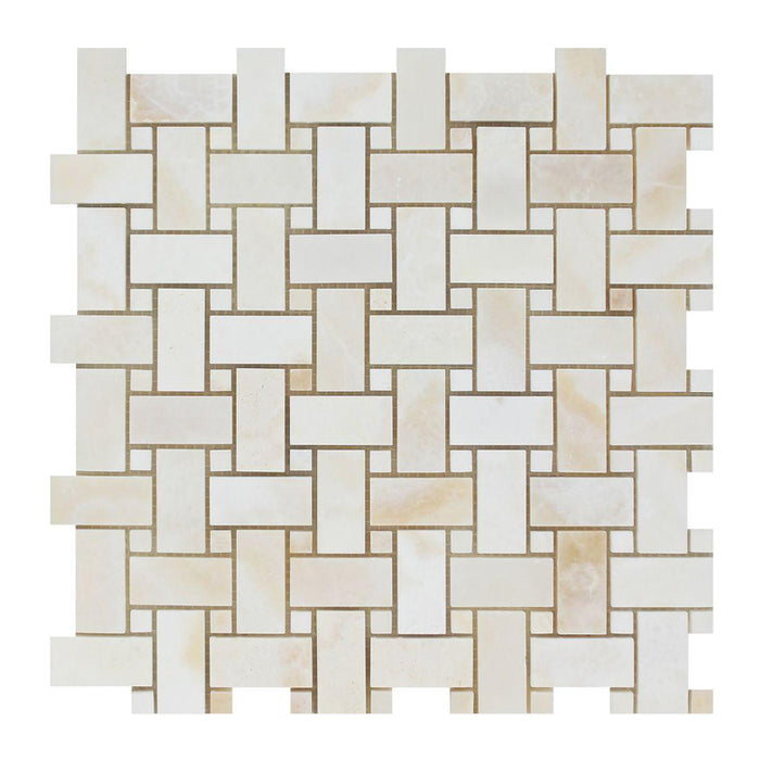 White Cross Cut Onyx Mosaic - Basket Weave with White Onyx Dots Polished