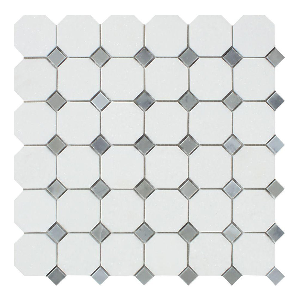 Thassos White Marble Mosaic - Octagon with Gray Dots Polished