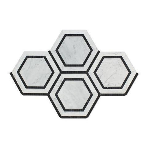 Oriental White Marble Mosaic - 5" Hexagon with Black Polished