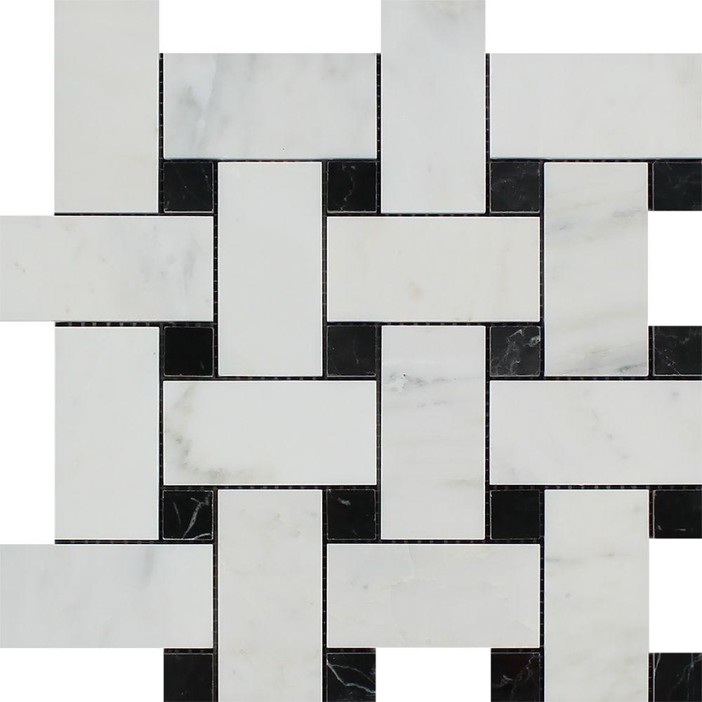 Oriental White Marble Mosaic - Large Basket Weave with Black Dots Polished