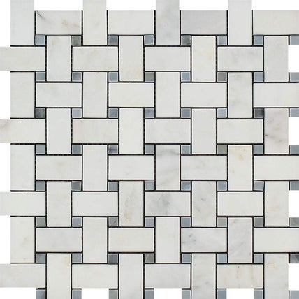 Oriental White Marble Mosaic - Basketweave with Gray Dots Polished
