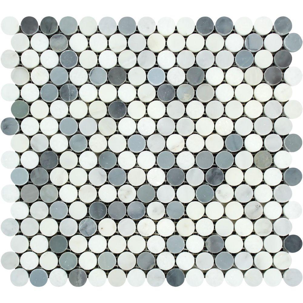 Oriental White Marble Mosaic - Penny Round with Gray & Thassos Polished
