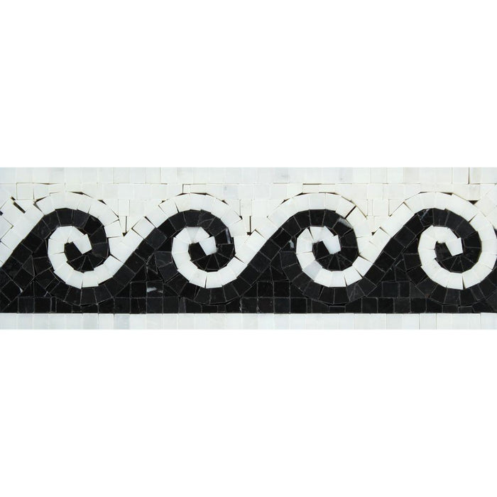 Oriental White Marble Border - 3 7/8" x 12" Wave Border with Black Polished