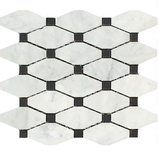 Oriental White Marble Mosaic - Elongated Octagon with Black Dots