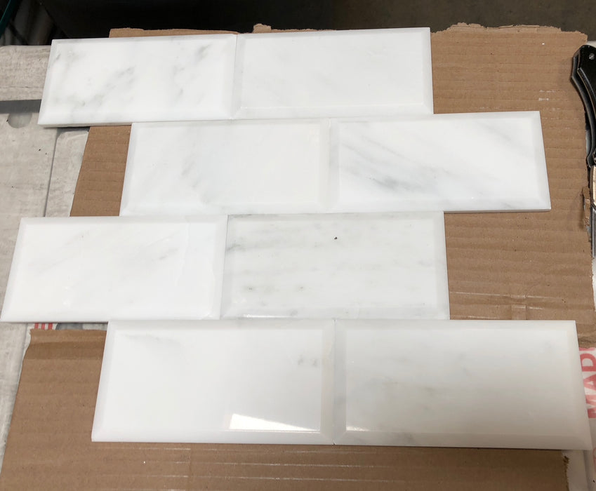 Oriental White Beveled Honed Marble Tile - 3" x 6"