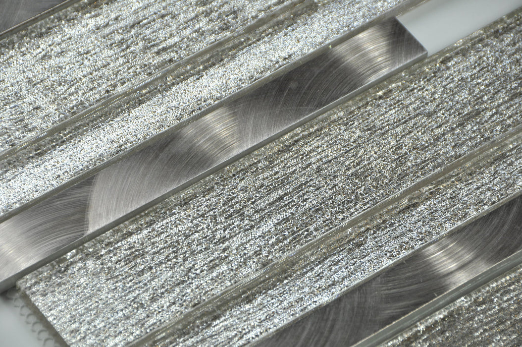 Rock Grey Silk Interlocking  Glass & Metal Mosaic - Linear 