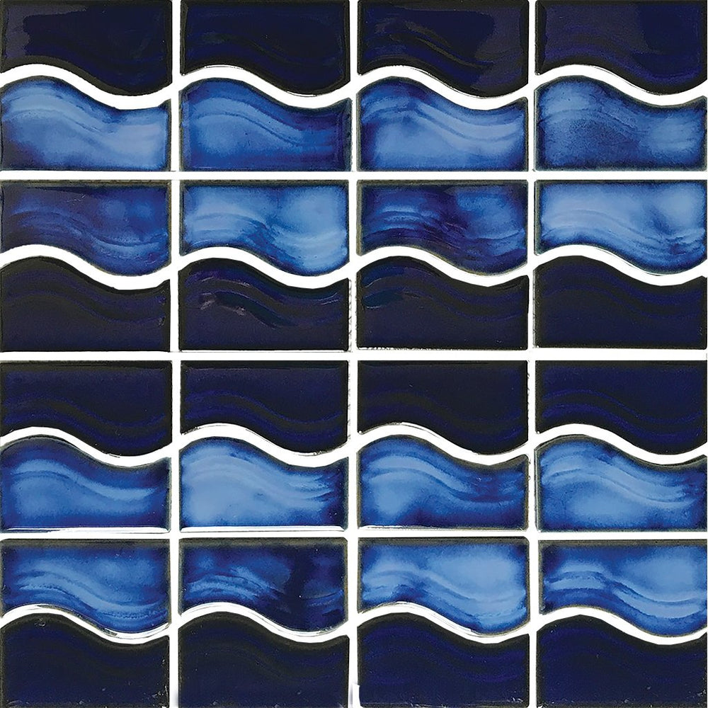 Full Sheet Sample - Aquatica Waterside Royal Blue Wave Porcelain Mosaic - 12" x 12" Glossy