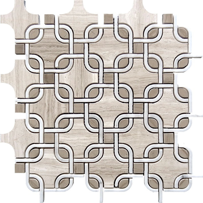 Full Sheet Sample - Skalini Line Waterjet Wooden Grey / Athens Grey / Bianco Carrara Marble Mosaic - Shape 7