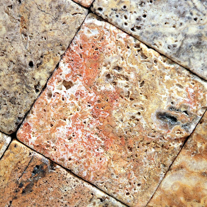 Scabos Cross Cut Travertine Tile - 4" x 4" x 3/8" Tumbled