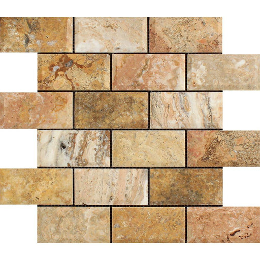 Scabos Travertine Mosaic - 2" x 4" Beveled Brick Honed