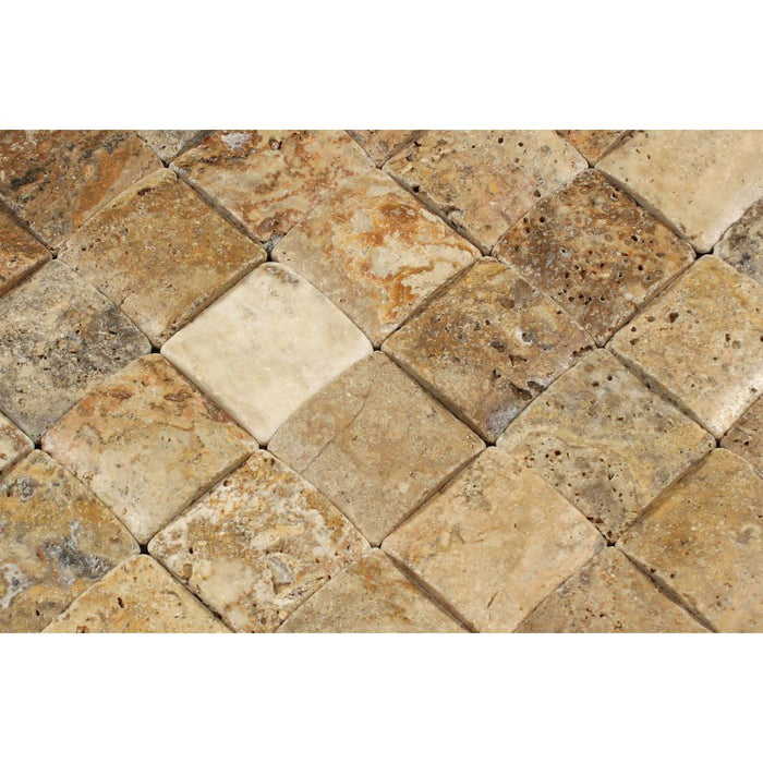 Scabos Travertine Tumbled Mosaic - 2" x 2" Wavy