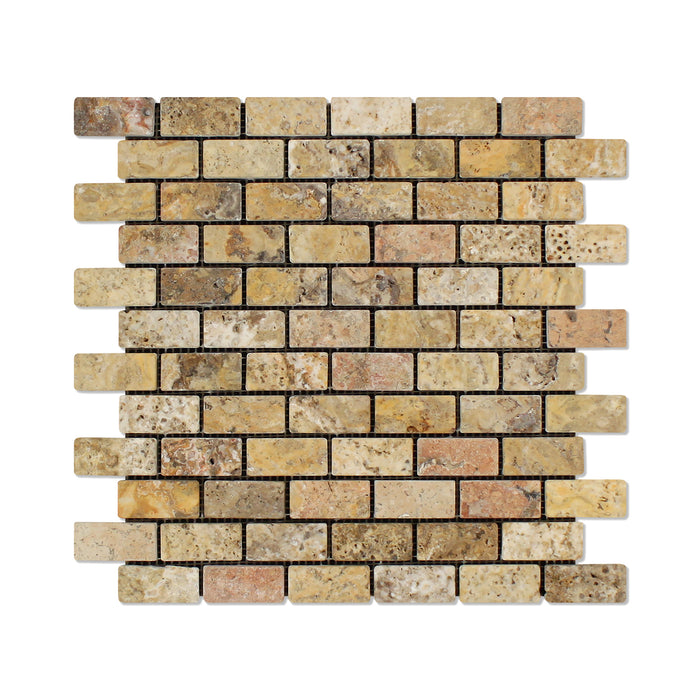 Scabos Travertine Mosaic - 1" x 2" Brick Tumbled