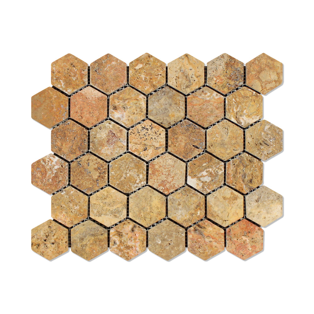 Scabos Travertine Mosaic - 2" Hexagon Tumbled