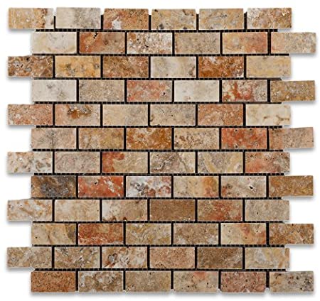 Scabos Travertine Mosaic - 1" x 2" Brick Polished
