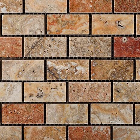 Scabos Travertine Polished Mosaic - 1" x 2" Brick