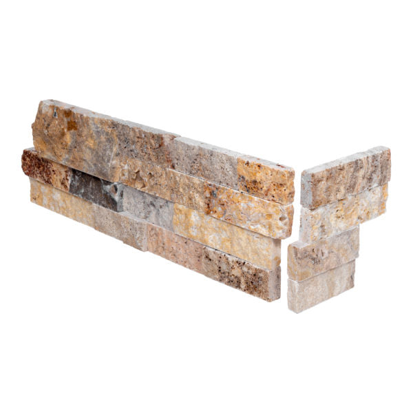 Scabos Natural Cleft Face, Gauged Back Travertine Ledgestone Corner - 6" x 6" & 6" x 18"