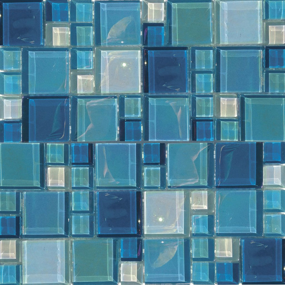 Full Sheet Sample - Aquatica Lux Aqua Shimmer Block Random Glass Mosaic - 12" x 12" Gloss Iridescent