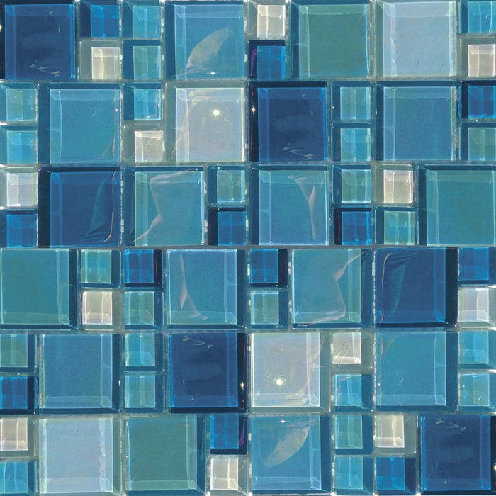 Full Sheet Sample - Aquatica Lux Aqua Shimmer Block Random Glass Mosaic - 12" x 12" Gloss Iridescent