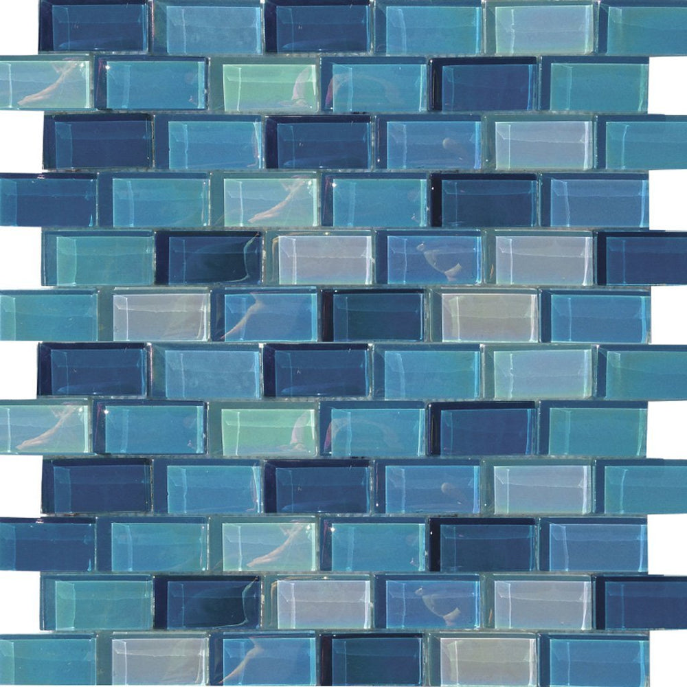 Full Sheet Sample - Aquatica Lux Aqua Shimmer Brick Glass Mosaic - 1" x 2" Gloss Iridescent