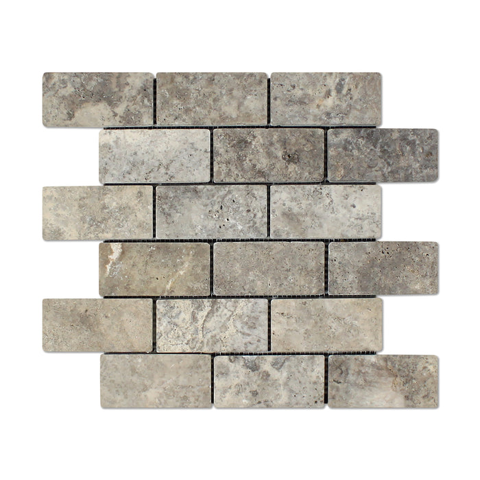 Titanium Travertine Mosaic - 2" x 4" Brick Tumbled