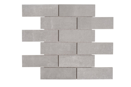 Full Sheet Sample - Fusion Fabric Silver Staggered Porcelain Mosaic - 2" x 6" x 8 MM Matte