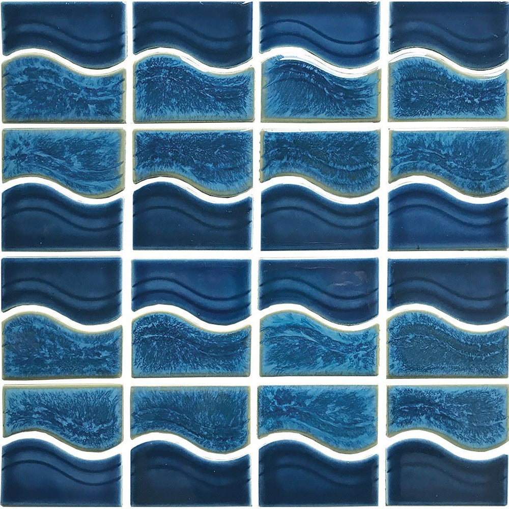 Full Sheet Sample - Aquatica Waterside Smoke Blue Wave Porcelain Mosaic - 12" x 12" Glossy