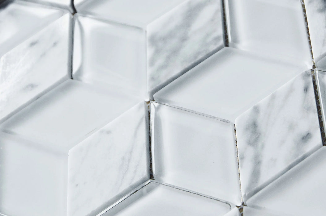 Strato Carrara 3D  Marble & Glass Mosaic - Cube 