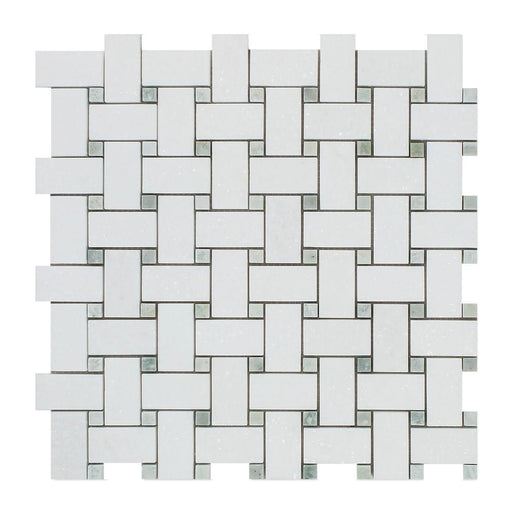 Thassos White Marble Mosaic - Basket Weave with Ming Green Dots Polished