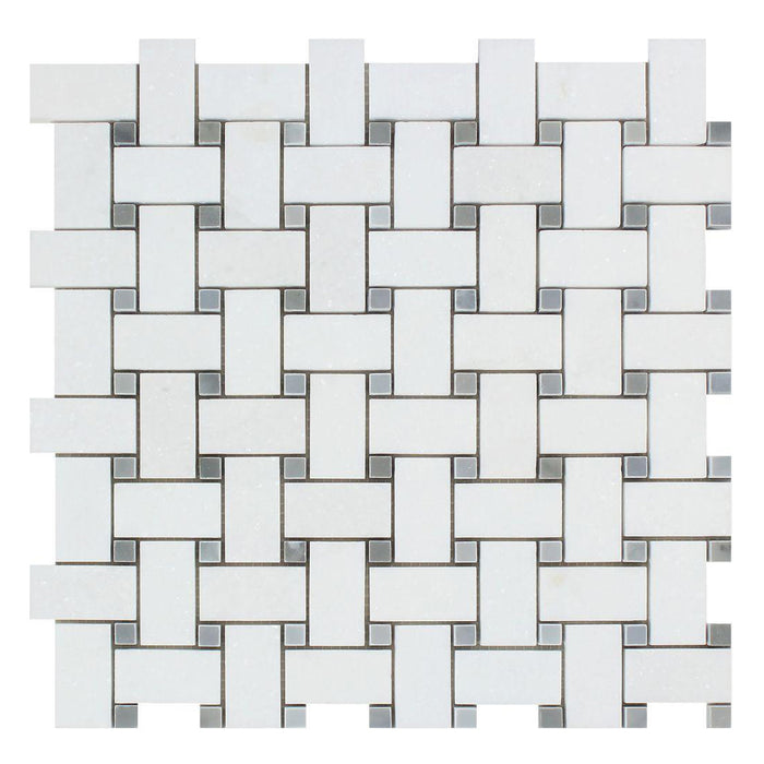 Thassos White Marble Mosaic - Basket Weave with Gray Dots Polished