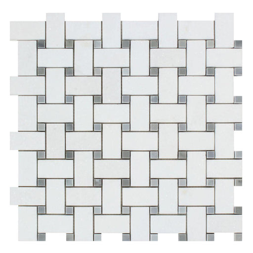 Thassos White Marble Mosaic - Basket Weave with Gray Dots Polished