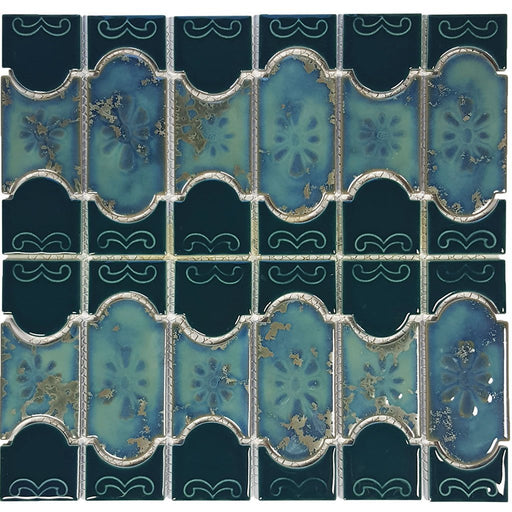 Full Sheet Sample - Aquatica Botanical Teal Green Porcelain Mosaic - 6" x 6" Glossy