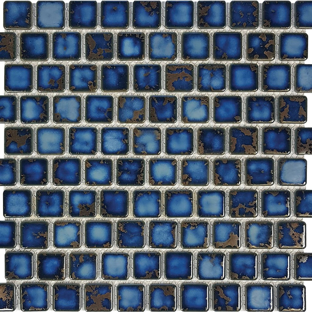 Full Sheet Sample - Aquatica Harmony Terra Blue Brick Porcelain Mosaic - 1" x 1" Glossy