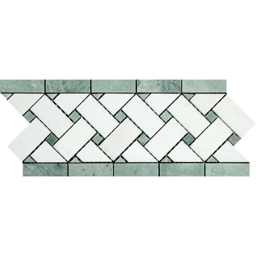 Thassos White Marble Border - 4 3/4" x 12" Basket Weave Border with Ming Green Dots Polished