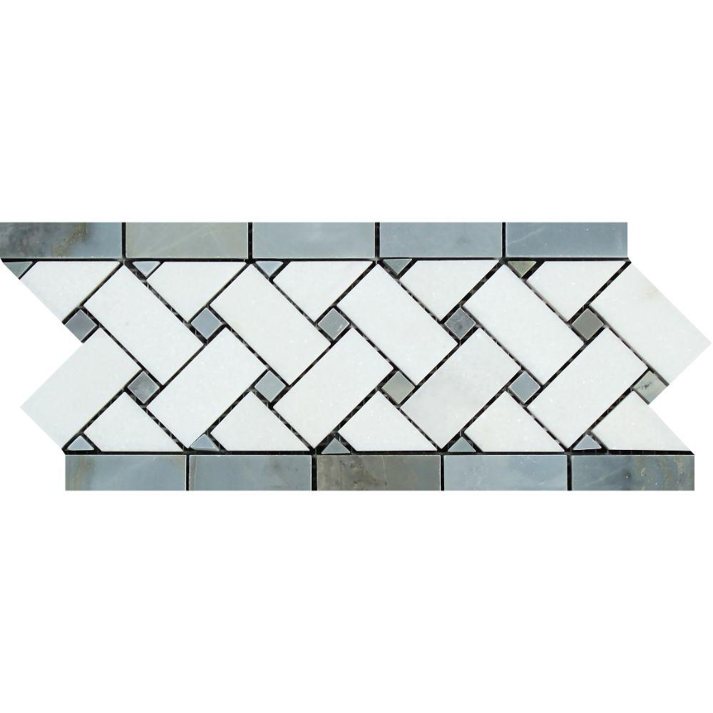 Thassos White Marble Border - 4 3/4" x 12" Basket Weave Border with Gray Dots Polished