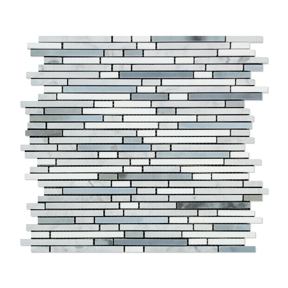 White Carrara Marble Mosaic - Bamboo Sticks with Thassos & Blue-Gray Polished