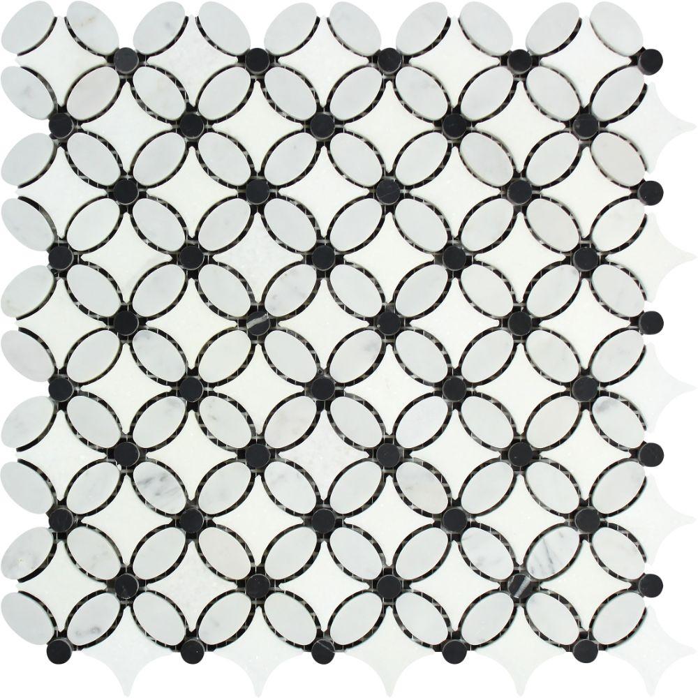 Thassos White Marble Mosaic - Flower with Black Dots Polished