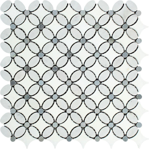 Thassos White Marble Mosaic - Flower with Blue-Gray Dots Polished