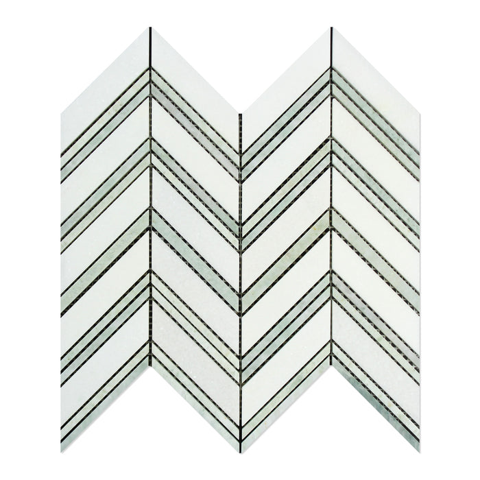 Thassos White Marble Mosaic - Large Chevron with Ming Green Polished