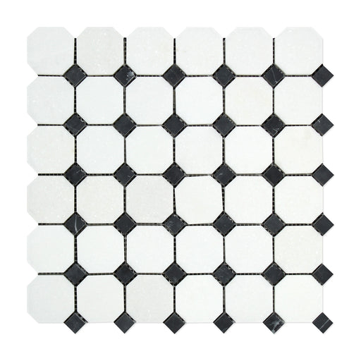 Thassos White Marble Mosaic - Octagon with Black Dots Polished
