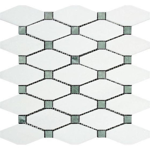 Thassos White Marble Mosaic - Elongated Octagon with Ming Green Dots