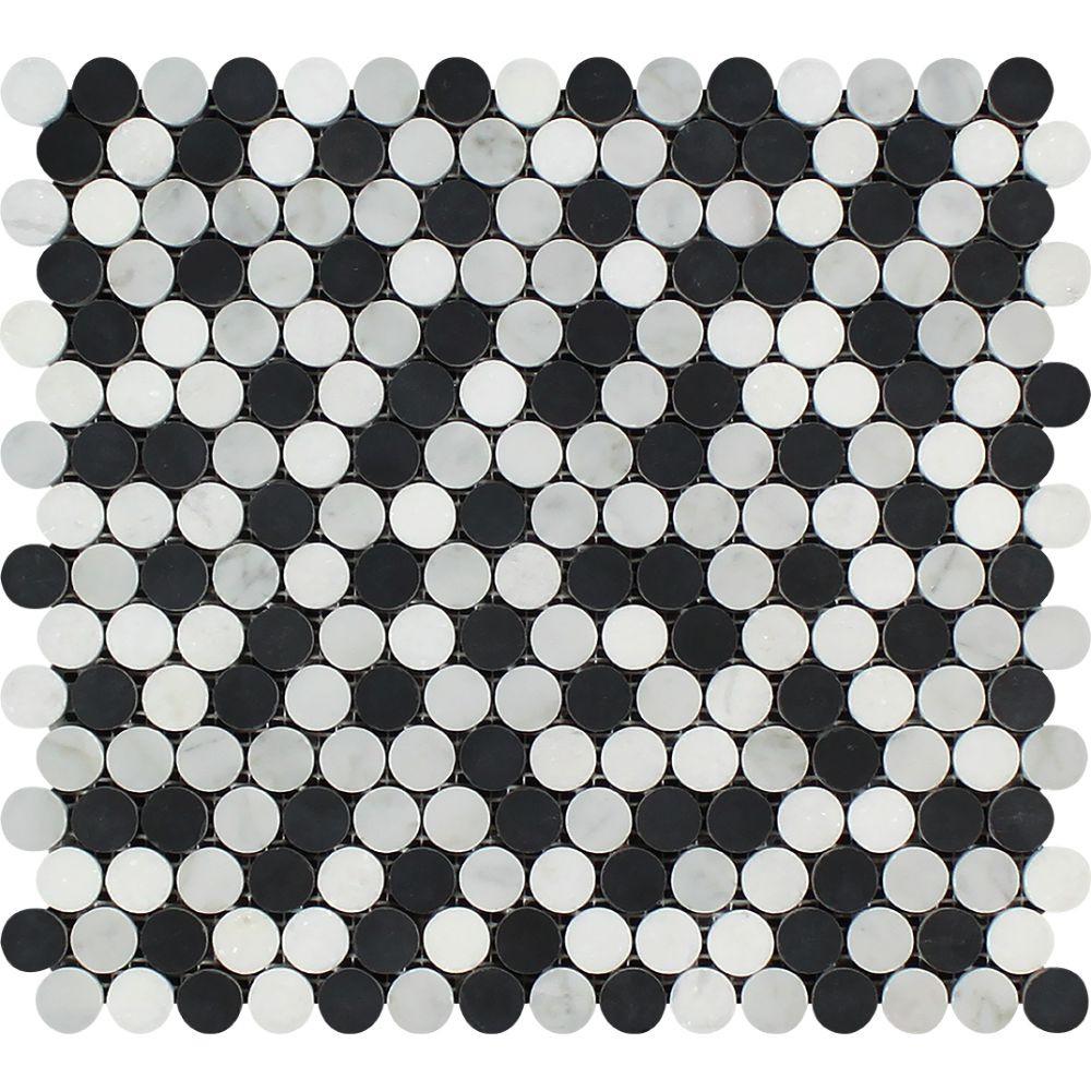 Thassos White Marble Mosaic - Penny Round with Black & Carrara Polished