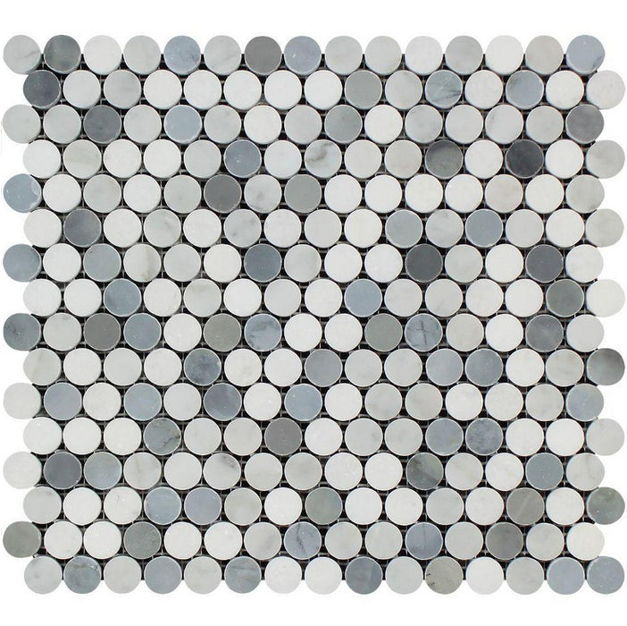Thassos White Marble Mosaic - Penny Round with Gray & Carrara Polished