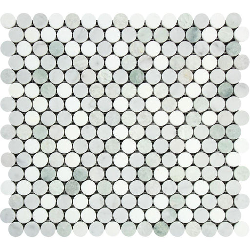 Thassos White Marble Mosaic - Penny Round with Ming Green & Carrara Polished