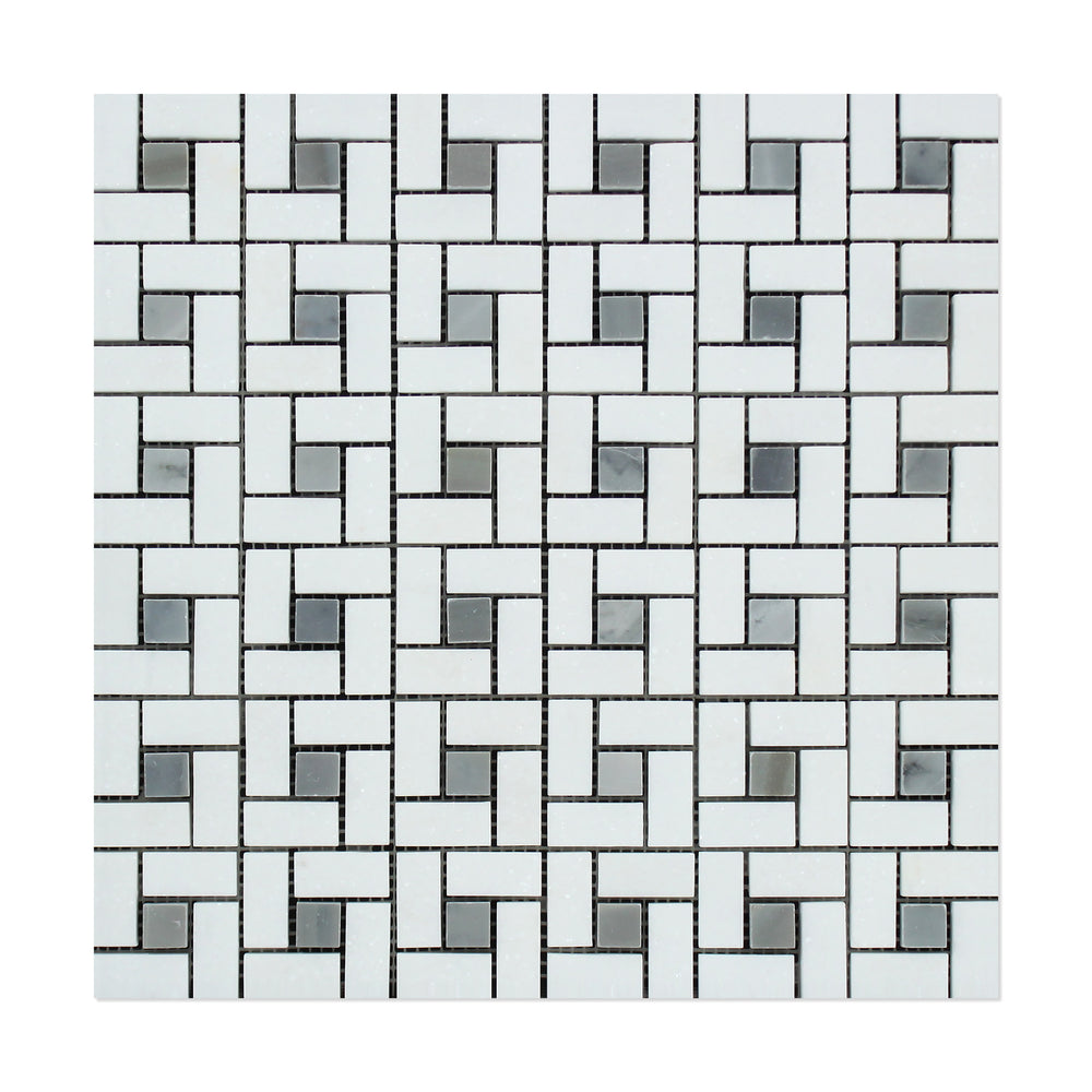 Thassos White Marble Mosaic - 5/8" x 1 1/4" Pinwheel with Gray Dots