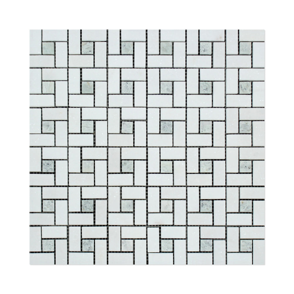 Thassos White Marble Mosaic - 5/8" x 1 1/4" Pinwheel with Ming Green Dots Polished