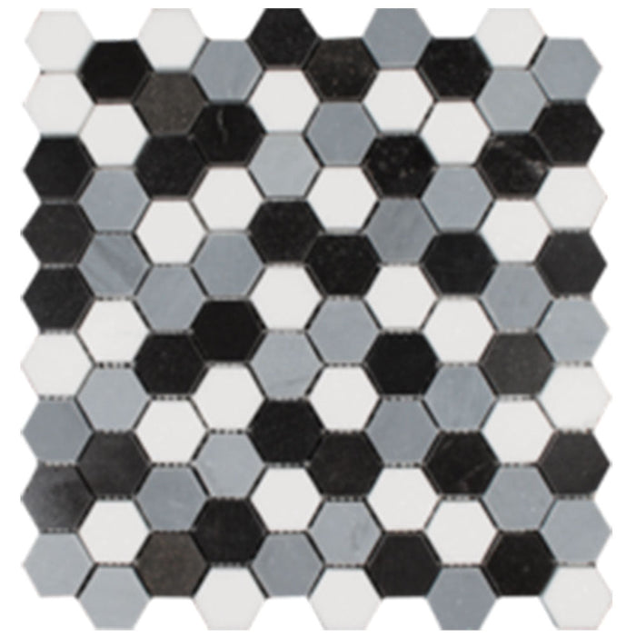 Full Sheet Sample - Metropolitan Blend Thassos, Bardiglio And Black Deco Hexagon Natural Stone Mosaic - 10.75 x 11.25" Polished