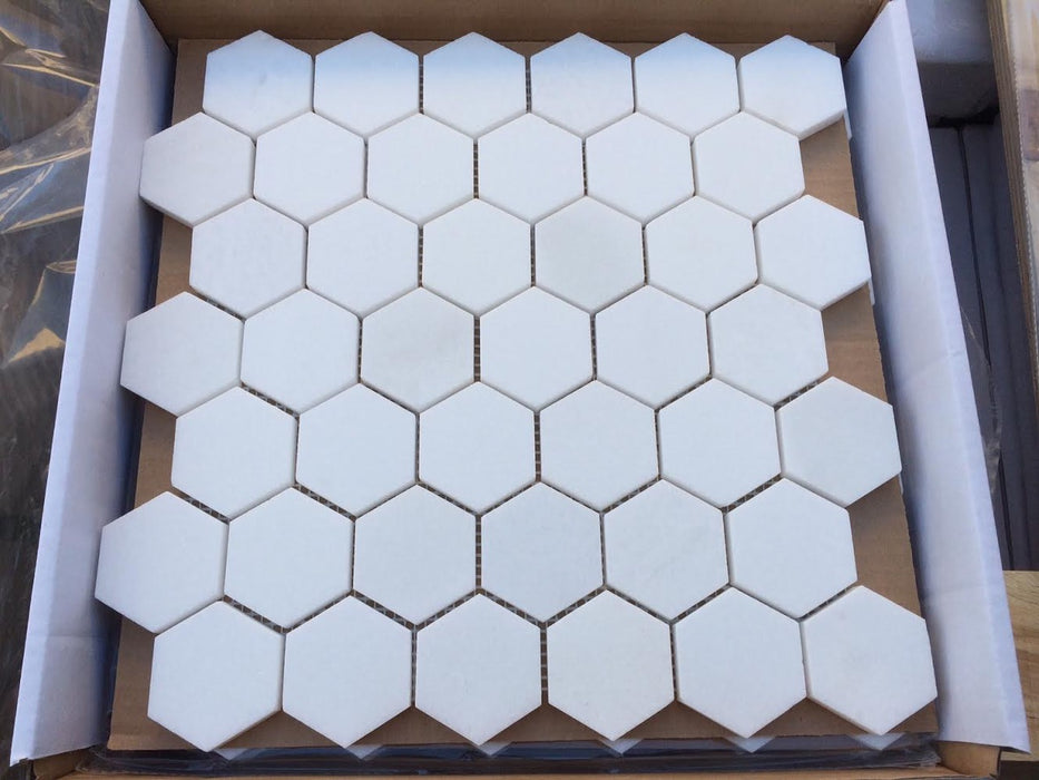 Thassos White Marble Mosaic - 2" Hexagon Polished