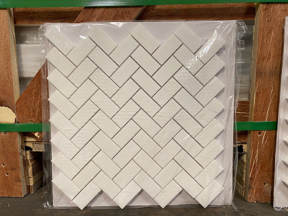 Thassos White Marble Mosaic - 1" x 2" Herringbone Polished