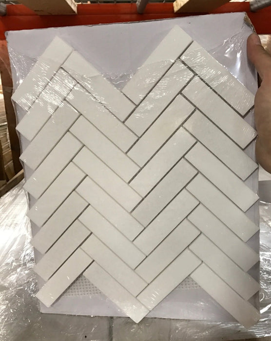 Thassos White Marble Mosaic - 1" x 4" Herringbone Polished